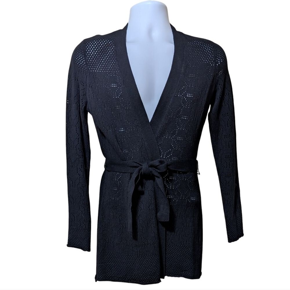 Brooks Brothers cardigan size Small black wool blend belted pointelle tunic